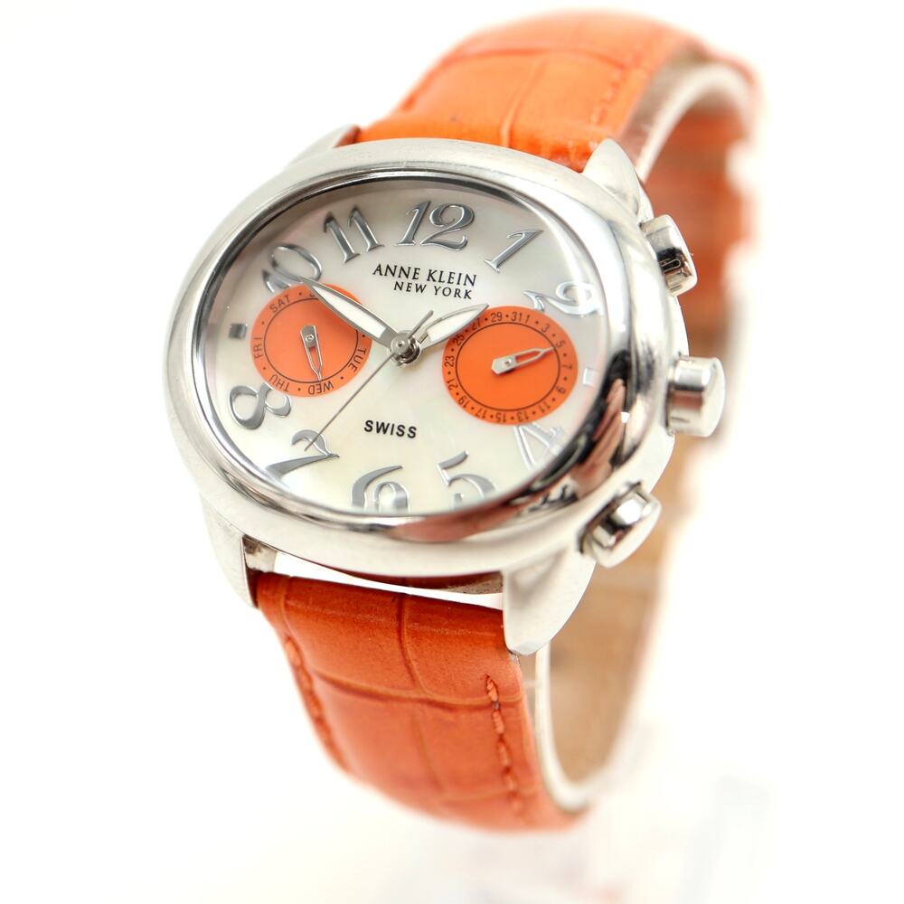 Anne Klein Swiss Oval Orange MOP 35mm Womens Watch Day Date Leather New Battery